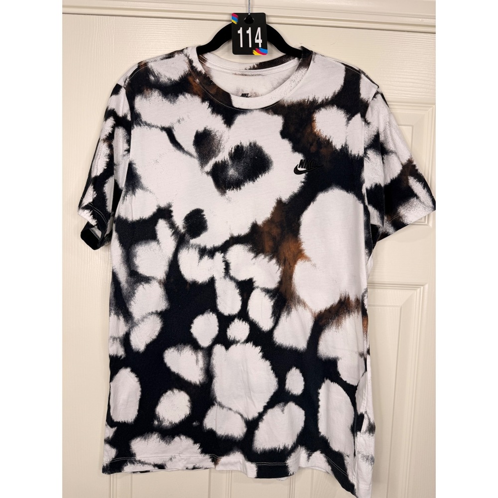 #114 Nike T-Shirt sz. Large White Black brown Tie Dye Short‎ Sleeve Swoosh Logo